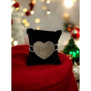 Silver Tone Rhinestone Heart Cuff Bracelet Hinged Bangle Sparkle Glam Gift